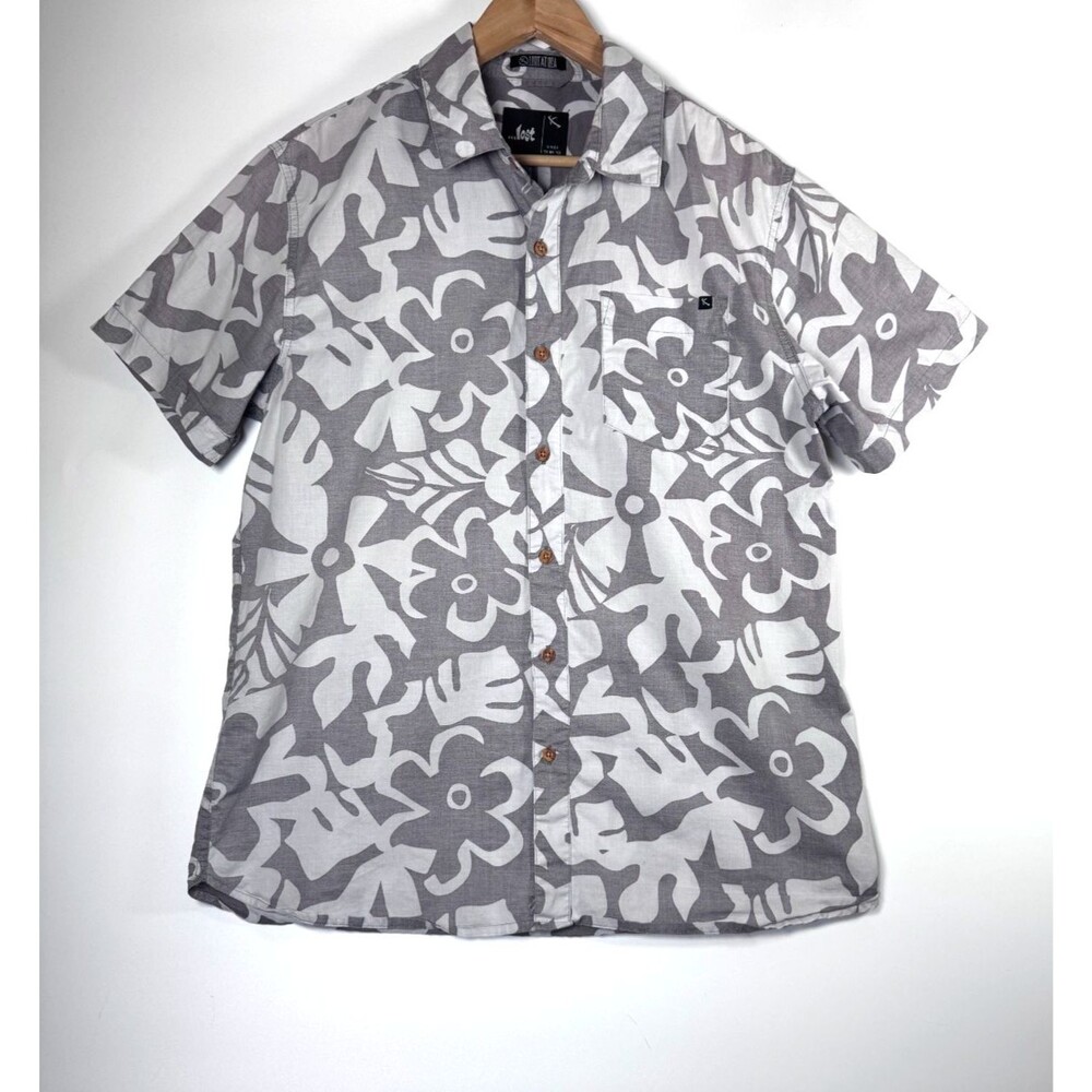 Lost at Sea Shirt Mens Medium Gray Floral Button Up Short Sleeve Cotton‎ Aloha